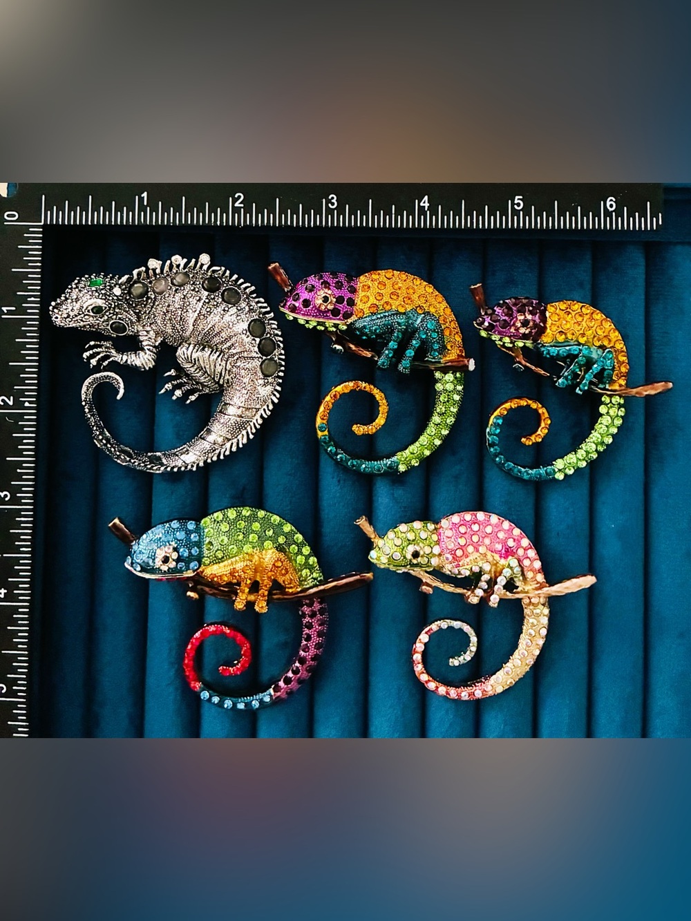 5pc Rhinestone Lizard Chameleon Brooch Lot Sparkling Iguana Animal Pin Set⁠